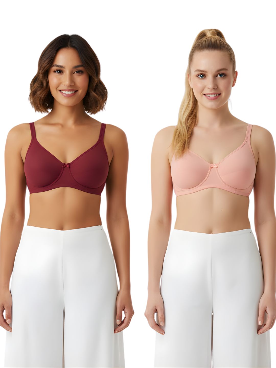 Cuddlecot Cotton T-Shirt Bra Combo (Coral & Maroon) | Wire-Free Everyday Bras for Women