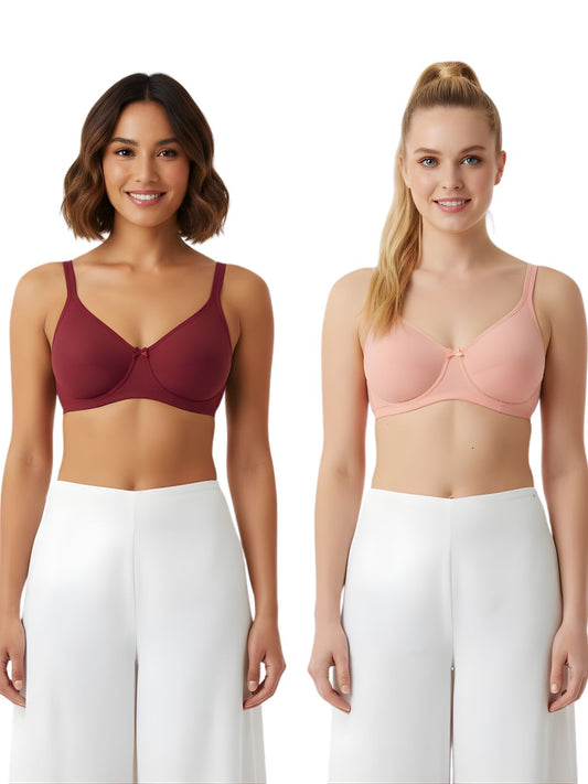 Cuddlecot Cotton T-Shirt Bra Combo (Coral & Maroon) | Wire-Free Everyday Bras for Women