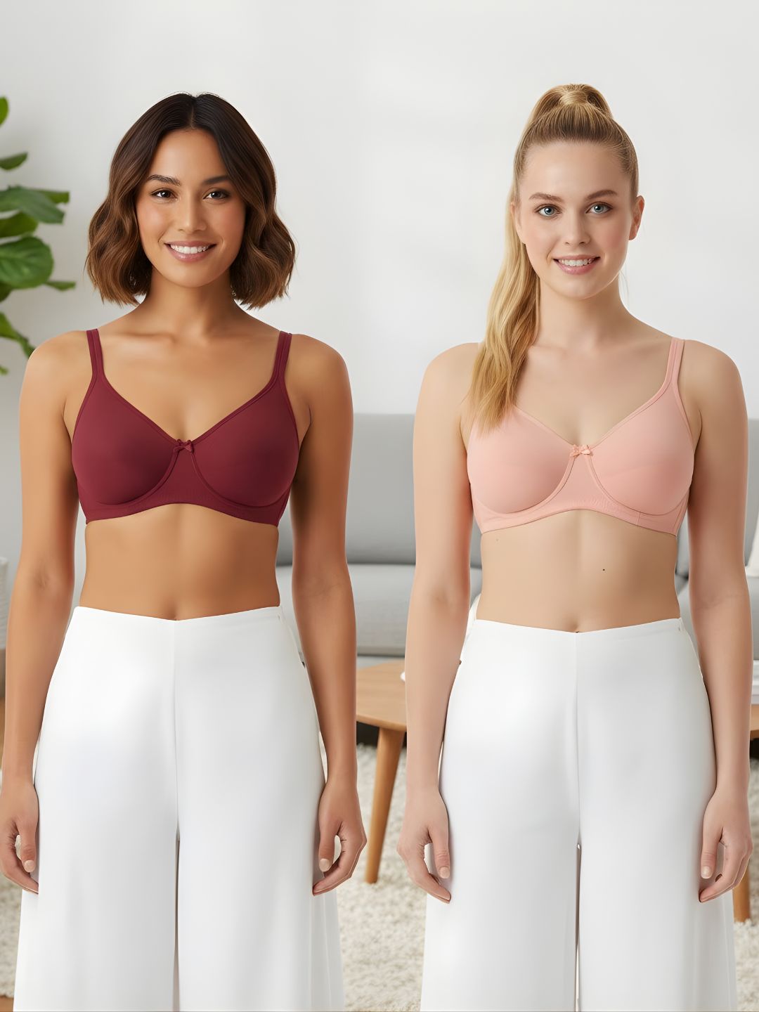 Cuddlecot Cotton T-Shirt Bra Combo (Coral & Maroon) | Wire-Free Everyday Bras for Women