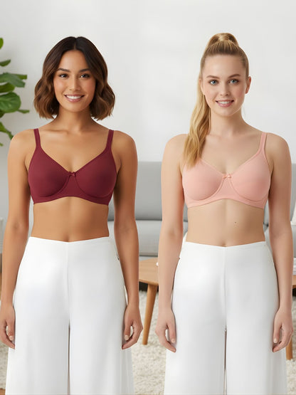Cuddlecot Cotton T-Shirt Bra Combo (Coral & Maroon) | Wire-Free Everyday Bras for Women