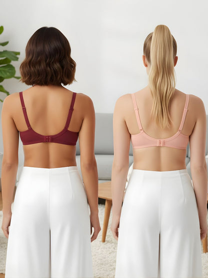 Cuddlecot Cotton T-Shirt Bra Combo (Coral & Maroon) | Wire-Free Everyday Bras for Women