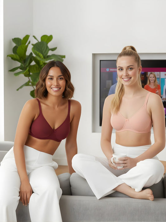 Cuddlecot Cotton T-Shirt Bra Combo (Coral & Maroon) | Wire-Free Everyday Bras for Women