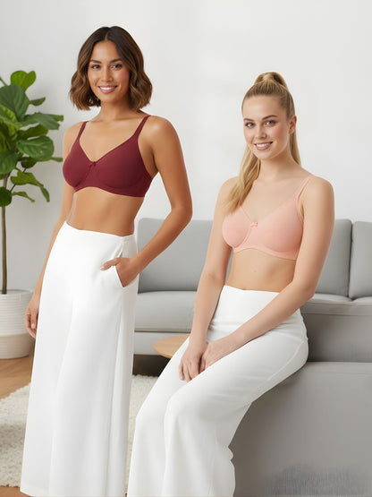 Cuddlecot Cotton T-Shirt Bra Combo (Coral & Maroon) | Wire-Free Everyday Bras for Women