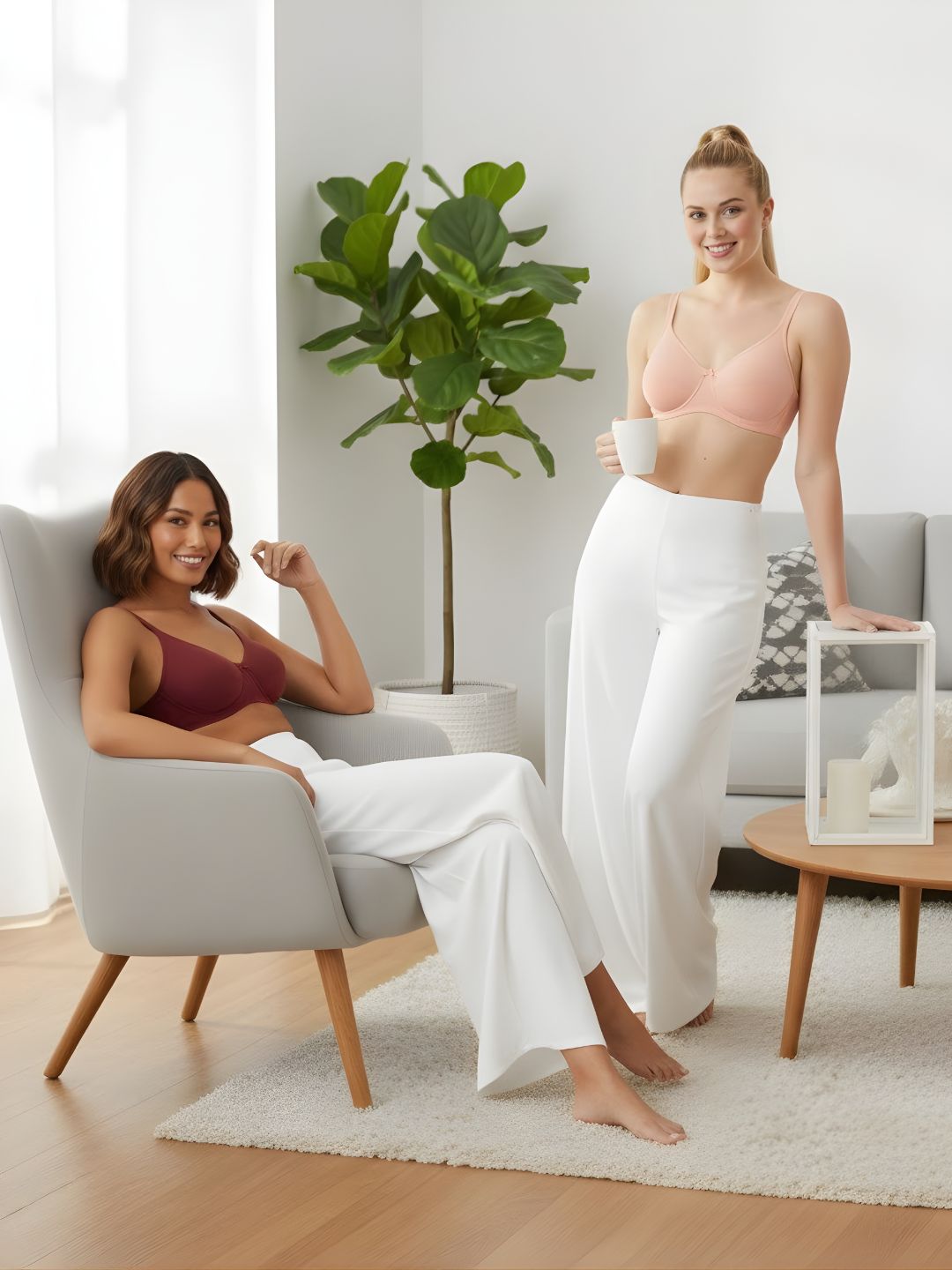 Cuddlecot Cotton T-Shirt Bra Combo (Coral & Maroon) | Wire-Free Everyday Bras for Women